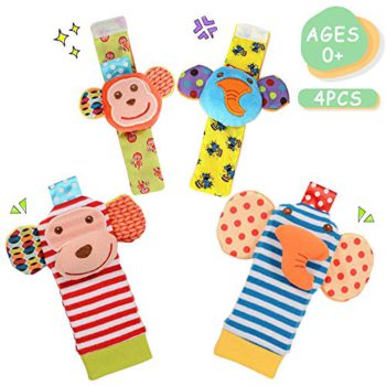 Daisy 4-Piece Animal Child Toddler Wrists Rattle and Socks Foot Finders Set Developmental Comfortable Toy – Elephant and Monkey