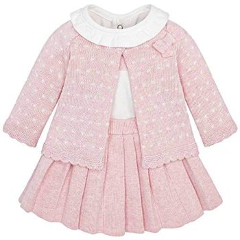 Mayoral B2287 Rose Pink Knitted Skirt, Cardigan, and Shirt Outfit