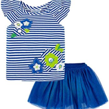 Mayoral Royal Blue Striped Shirt with Floral Applique and Royal Tulle Skirt Measurement 4