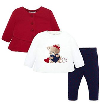 Mayoral Cute 3 Piece Outfit with Kitten & Hearts Tee, Crimson Cardigan, Navy Blue Pants