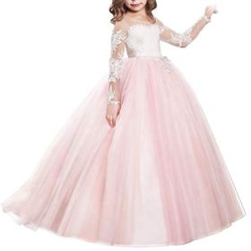 FYMNSI Flower Girls Lace Appliques Wedding Tulle Dress First Communion Long Sleeve Birthday Christmas Party Ball Gown 2 13T 0