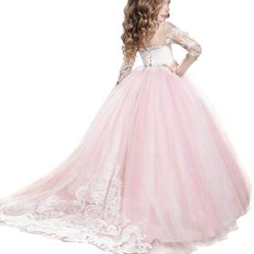 FYMNSI Flower Girls Lace Appliques Wedding Tulle Dress First Communion Long Sleeve Birthday Christmas Party Ball Gown 2 13T 0 0