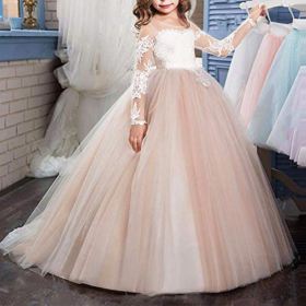 FYMNSI Flower Girls Lace Appliques Wedding Tulle Dress First Communion Long Sleeve Birthday Christmas Party Ball Gown 2 13T 0 1