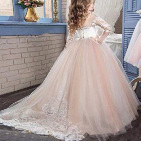 FYMNSI Flower Girls Lace Appliques Wedding Tulle Dress First Communion Long Sleeve Birthday Christmas Party Ball Gown 2 13T 0 2