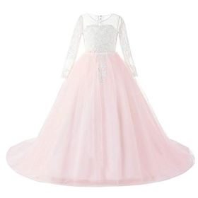FYMNSI Flower Girls Lace Appliques Wedding Tulle Dress First Communion Long Sleeve Birthday Christmas Party Ball Gown 2 13T 0 3