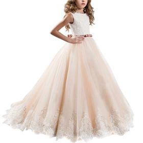 FYMNSI LittleBig Girls Flower Lace Princess Applique Dress Pageant Party Wedding Birthday Communion Tulle Prom Gown 2 13T 0