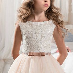 FYMNSI LittleBig Girls Flower Lace Princess Applique Dress Pageant Party Wedding Birthday Communion Tulle Prom Gown 2 13T 0 1