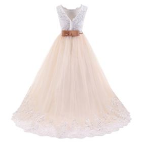 FYMNSI LittleBig Girls Flower Lace Princess Applique Dress Pageant Party Wedding Birthday Communion Tulle Prom Gown 2 13T 0 3