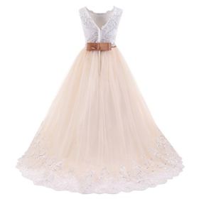 FYMNSI LittleBig Girls Flower Lace Princess Applique Dress Pageant Party Wedding Birthday Communion Tulle Prom Gown 2 13T 0 3