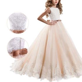 FYMNSI LittleBig Girls Flower Lace Princess Applique Dress Pageant Party Wedding Birthday Communion Tulle Prom Gown 2 13T 0 4
