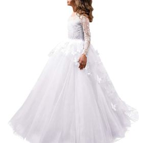 FYMNSI Flower Girls Lace Appliques First Communion Dress Long Sleeves Birthday Princess Ball Gown Wedding Dress 2 13T 0