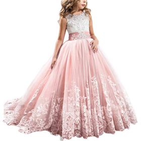 FYMNSI Flowers Girls Applique Tulle Lace Wedding Dress First Communion Birthday Christmas Prom Ball Gown 2 13T 0