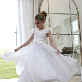 Kelaixiang White Lace Flower Girl Dress Cap Sleeves Ankle Length with Sash 0 2