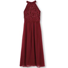 Speechless Ladies’ Large Glitter Lace to Chiffon Excessive Neck Maxi Gown