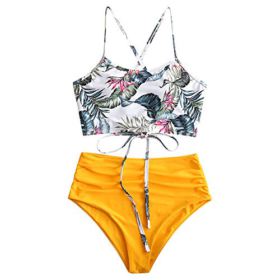 ZAFUL Sunflower Bikini Set Padded Lace Up Ruched Tankini High Waisted Bathing Suit 0 0
