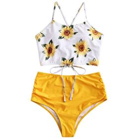 ZAFUL Sunflower Bikini Set Padded Lace Up Ruched Tankini High Waisted Bathing Suit 0 1