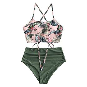 ZAFUL Sunflower Bikini Set Padded Lace Up Ruched Tankini High Waisted Bathing Suit 0 2