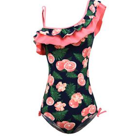 KALAWALK Girls Lemon Double Ruffle One Shoulder Adjustable Swimwear Fashionable One Piece Bathing Suit5y 16y 0