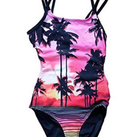 Joe Boxer Women Pink & Black Palm Tree Sundown Stripe 1 Piece Summer season Swim Go well with