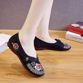 SAILING LU Embroidered Shoes for Women Comfort Loafers Black Casual Round Toe Ballet Flats Shoes 0 1
