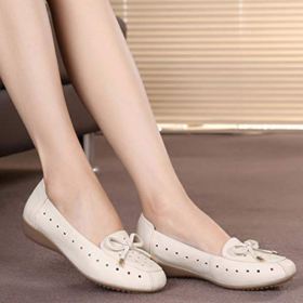 Womens Comfort Flat Shoes Cute Bow Knot Ballet Flats Genuine Leather Loafers Slip on Moccasins 0 3