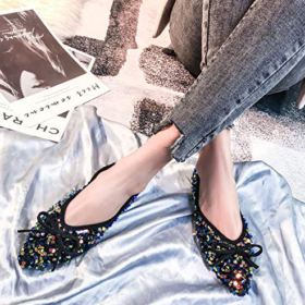 SAILING LU Bow Knot Dress Shoes Womens Pointy Toe Ballet Flats Shoes Sequins Club Shoes Slip On Moccasins 0 3