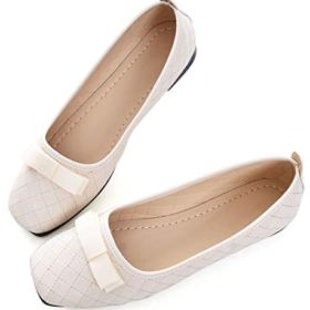 SAILING LU Bow Knot Ballet Flats Womens Square Toe Flat Shoes PU Leather Dress Shoes Wear to Work Slip On Moccasins 0 0