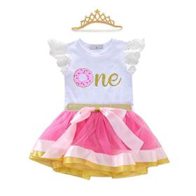 Baby Girls Donut 1st Birthday Outfit Romper Tutu Skirt Headband Cake Smash Bodysuit Clothes Set for Photo Shoot 0