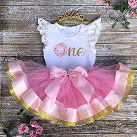 Baby Girls Donut 1st Birthday Outfit Romper Tutu Skirt Headband Cake Smash Bodysuit Clothes Set for Photo Shoot 0 0