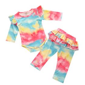 FYMNSI Baby Girls Boys Tie Dye Outfit Knit Romper Long Pants Pajamas Set Ribbed Ruffle Long Sleeve Bodysuit Sleepwear Clothes 0