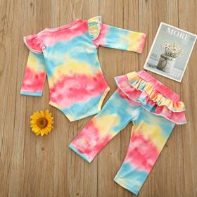 FYMNSI Baby Girls Boys Tie Dye Outfit Knit Romper Long Pants Pajamas Set Ribbed Ruffle Long Sleeve Bodysuit Sleepwear Clothes 0 0