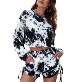 SheIn Womens Two Piece Tie Dye Long Sleeve Crop Sweatshirt Top Drawstring Ruched Shorts Set 0