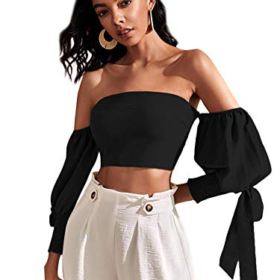 SheIn Womens Off Shoulder Blouse Shirred Bishop Knot 34 Sleeve Solid Crop Top Shirt 0