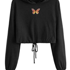 Romwe Womens Casual Loose Butterfly Print Drawstring Long Sleeve Crop Hoodie Sweatshirt 0