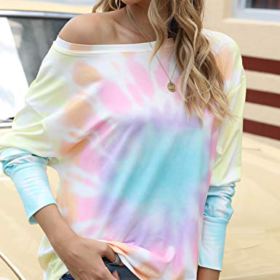 Cucuchy Womens Tie Dye Sweatshirts Off The Shoulder Tops Long Sleeve Shirts Pullover 0 1