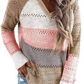Womens Sweater Hollow Out Casual Long Sleeve Jumper Oversized V Neck Striped Pullover Knitted Hoodies Sweatshirt 0