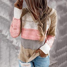 Womens Sweater Hollow Out Casual Long Sleeve Jumper Oversized V Neck Striped Pullover Knitted Hoodies Sweatshirt 0 0