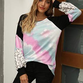 Naggoo Womens Color Block Round Neck Tunic Tops Casual Raglan Sleeve Shirts Blouses Leopard Print Sweatshirt 0 1