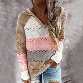 Womens Sweater Hollow Out Casual Long Sleeve Jumper Oversized V Neck Striped Pullover Knitted Hoodies Sweatshirt 0 1