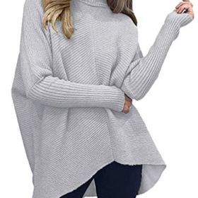 LOGENE Womens Oversized Turtleneck Batwing Sleeve Pullover Sweater Asymmetrical Knit Jumper Tops 0