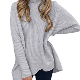 LOGENE Womens Oversized Turtleneck Batwing Sleeve Pullover Sweater Asymmetrical Knit Jumper Tops 0 2
