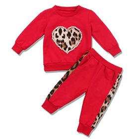 Toddler Baby Boys Girls Leopard Outfit Long Sleeve Love Heart Sweatshirt T Shirt Top Leggings Pants Fall Winter Clothes 0
