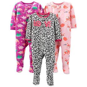 Simple Joys by Carters Girls 3 Pack Loose Fit Flame Resistant Fleece Footed Pajamas 0