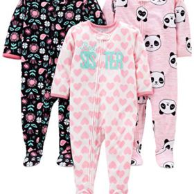 Simple Joys by Carters Girls 3 Pack Loose Fit Flame Resistant Fleece Footed Pajamas 0 2
