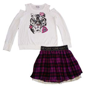 Jessica Simpson Girls Graphic Cold Shoulder Top and Skirt Set White TigerPink Plaid Large 1416 0