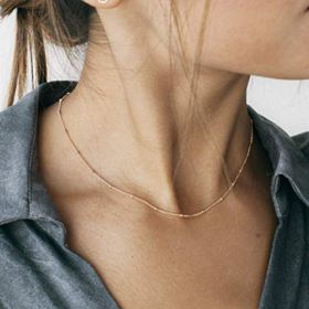 18k Gold Paperclip Chain Choker Satellite Chain Lava Bead Pendant Necklace Dainty Jewelry for Women 16 0 0