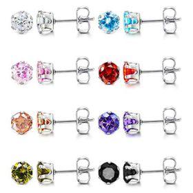 UHIBROS 6 Pairs Stainless Steel Stud Earrings Set Hypoallergenic Cubic Zirconia 18K White Gold 316L CZ Earrings 3 8mm 0 0