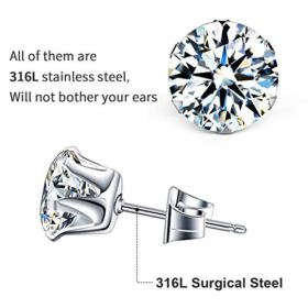 UHIBROS 6 Pairs Stainless Steel Stud Earrings Set Hypoallergenic Cubic Zirconia 18K White Gold 316L CZ Earrings 3 8mm 0 1