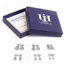 UHIBROS 6 Pairs Stainless Steel Stud Earrings Set Hypoallergenic Cubic Zirconia 18K White Gold 316L CZ Earrings 3 8mm 0 3