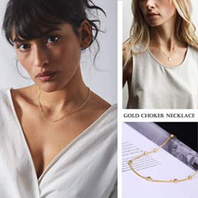 18k Gold Paperclip Chain Choker Satellite Chain Lava Bead Pendant Necklace Dainty Jewelry for Women 16 0 3